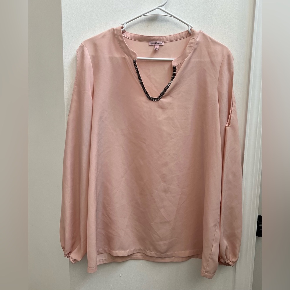 Juicy couture pink open shoulder blouse with beaded v neck size large